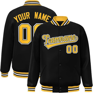 Custom <b>Black</b> Gold Varsity Jacket Embossed Letter Pattern Baseball Coat Single Breasted Stand Collar <b>Men</b> <b>Fleece</b> Outerwear - Product Image 1