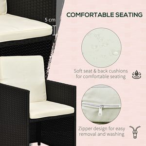 Set da pranzo da esterno in vimini a 8 pezzi con tavolo quadrato in vetro e cuscini, sedie e pouf salvaspazio in rattan - Product Image 5