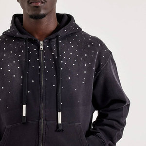 Vente en gros de sweats à capuche pour hommes personnalisés, épais, à fermeture éclair, avec patch brodé, impression sérigraphique, LOGO, strass et effet délavé à l'acide - Product Image 4