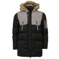 Veste longue matelassée pour homme avec capuche et bordure en fourrure, color block noir et gris, coupe-vent, manteau d'hiver décontracté en polyester rembourré