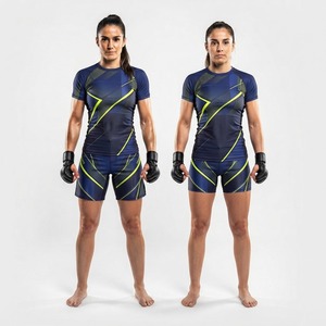 ชุด MMA สำหรับผู้หญิง สีน้ำเงิน ดำ เหลือง แบบซับลิเมชั่น เสื้อแขนสั้นและกางเกงขาสั้น ระบายเหงื่อได้ดี ทรงสปอร์ต - Product Image 1