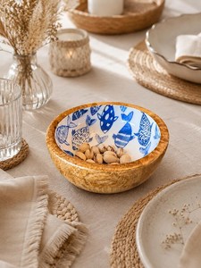 Bol en bois fait main avec motif de poisson bleu pour les collations, les fruits, style oriental, vaisselle de qualité supérieure, bol en bois émaillé - Product Image 6
