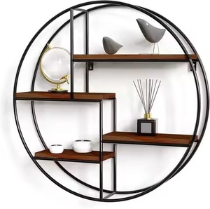 Modern <b>Round</b> <b>Wall</b> Mounted <b>Shelf</b> With Wood <b>Shelves</b> And Iron Frame Four Tier Design For Living Room Minimalist Storage Rack - Product Image 1