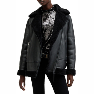 Genuine Women Sheep Skin Bomber Jacket <b>Fur</b> Collar Soft <b>Leather</b> Dyed Waterproof Winter Outerwear Casual Fashion Lifestyle - Product Image 3