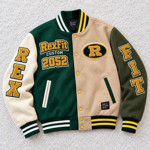 Chaqueta de Béisbol Personalizada para Hombre con Paneles Divididos, Bordado de Letras en Chenilla y Gráficos en las Mangas, Proveedor Mayorista - Product Image 1