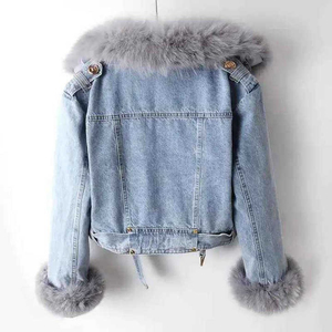 Women's <b>Denim</b> <b>Jacket</b> Light Wash Stonewashed Casual Zipper Front Regular Fit Winter Style Solid Color Faux Fur Collar Cuffs - Product Image 4