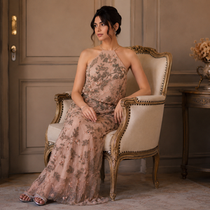 Luxury Women Floral Embroidered Evening Gown Elegant Halter Neck Maxi Dress 3D Applique <b>Sequin</b> Party Wedding Formal Occasion - Product Image 4