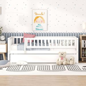 Letto singolo in legno bianco con letto estraibile e sponde di sicurezza per camerette dei bambini - Product Image 2