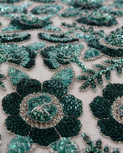 Emerald Sequin Floral Beaded Lace Woven <b>Fabric</b> Hand-Embellished Metallic Features AZIZA FASHION DREAM In-Stock <b>Medium</b> Weight for - Product Image 3