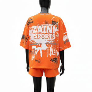 Conjunto de camiseta y pantalones cortos para mujer, algodón premium de rizo 220 GSM, color naranja suave, panel lateral con cinta, logotipo personalizado, conjuntos para mujer - Product Image 2