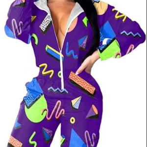 Women's Purple Geometric Print Full Length Zipper Jumpsuit Style Sporty Wear Breathable <b>Knitted</b> Spandex Polyester One <b>Set</b> - Product Image 1