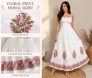 Jupe longue en coton smockée à taille élastique, à volants, style bohème décontracté, imprimé géométrique indigo bleu marine, en tissu, vente en gros - Product Image 3