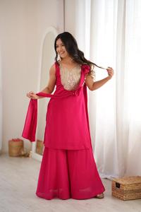 Ensemble de vêtements ethniques et accessoires : Haut en soie romaine véritable avec broderie miroir, pantalon palazzo et dupatta à motif nœud (HTU 67) - Product Image 1