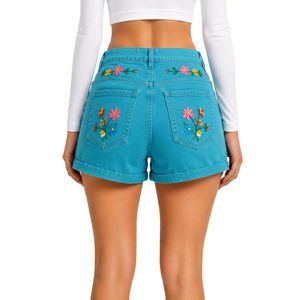 Turquoise <b>Women</b> High Waist Denim Shorts With Colorful Floral Embroidery Casual Summer Stretch <b>Jean</b> Shorts Custom OEM ODM Apparel - Product Image 2