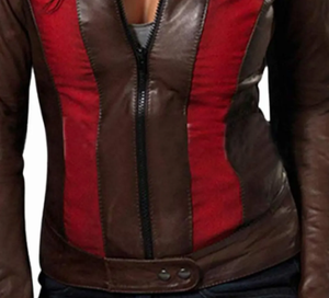 Chaqueta de Motociclista de Cuero Sintético Marrón para Mujer con Cierre de Cremallera y Bloques de Color Rojo, Corte Ajustado, para Otoño - Product Image 3