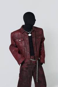 Veste en cuir ciré rouge pour homme, style punk, col rabattu, décoration chaîne, vêtement d'automne - Product Image 4