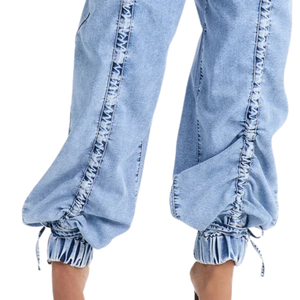 Pantalon de jogging en jean délavé bleu clair pour femme, coupe mi-ample, jambe large décontractée, avec revers élastiques, respirant, séchage rapide, style streetwear tendance - Product Image 5