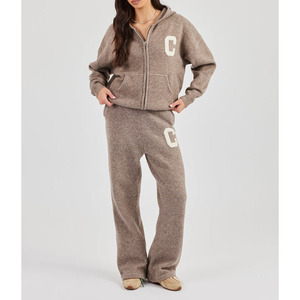 Wholesale Women's Vintage Style Fuzzy Breathable Knit Two-Piece Set with Hooded Collar Zipper Cardigan and Jogger Pants - Product Image 6