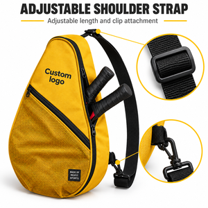 Sac de raquette de squash personnalisé jaune moutarde, forme goutte d'eau, poche avant en maille, bandoulière réglable pour le transport quotidien sur le terrain - Product Image 2