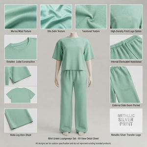 Ensemble de salon 2 pièces vert menthe pour femme, manches courtes, col classique, taille élastique, satin écologique, tenue décontractée, saison hiver - Product Image 4