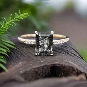 Bague en rutile noir naturel, taille émeraude, argent sterling 925 plaqué or 14 carats, bague de mariage vintage unique - Product Image 3
