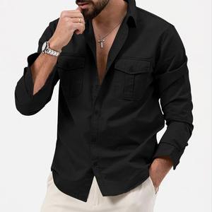 Chemise en twill 100% coton noir pour homme, de haute qualité, décontractée, à manches longues, coupe ajustée élégante avec poches avant, style tendance - Product Image 3