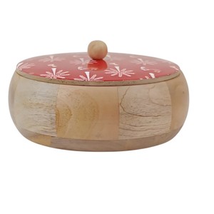 Handcrafted Mango Wood Roti <b>Box</b> with <b>Floral</b> Enamel Lid Traditional Indian Chapati Hot Pot Casserole for Kitchen & Dining - Product Image 2