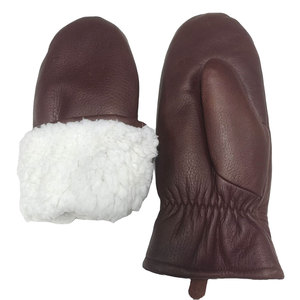 Mitaines de ski en cuir de vachette marron avec doublure en sherpa blanc, isolées et thermiques, unisexes, pour l'hiver, fermeture à enfiler - Product Image 1
