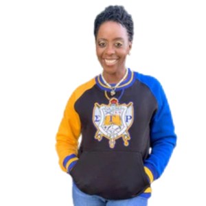 Sweat-shirt à col rond pour femme Sigma Gamma Rho Chenille Crest, noir, colorblock, manches raglan, avec poche, pull de sororité - Product Image 5