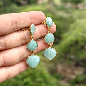 Bridal Gift Jewelry Checker Cut Natural Amazonite Triple Stone Stud Drops 18k Gold Plated Bezel Setting Statement Brass <b>Earring</b> - Product Image 4