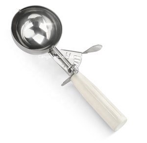 Cuchara para helado con mango de plástico, acero inoxidable, mango de colores, botón de presión suave, cucharas y apiladores de helado ecológicos de metal y plástico - Product Image 1
