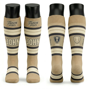 Premium Women Ice Hockey <b>Socks</b> 300 GSM Breathable Polyester Cotton Beige Black Stripe Ribbed Support Custom Knit Logo men <b>socks</b> - Product Image 1