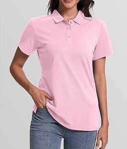 เสื้อเชิ้ตแขนสั้นสีชมพูสำหรับผู้หญิง สีพื้น ผ้าโพลีเอสเตอร์แบบลำลอง ระบายอากาศได้ดี ความยาวปกติ ผ้าถัก - Product Image 5