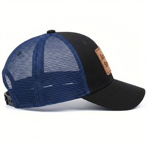 Custom Leather Patch Trucker Hat <b>Black</b> And Blue Mesh Snapback <b>Cap</b> Adjustable Curved Brim Outdoor Casual <b>Baseball</b> Hat - Product Image 3