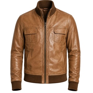 Chaqueta Bomber de Cuero Marrón para Hombre, Estilo Universitario, con Cuello y Puños Acanalados, Cierre de Cremallera en la Cintura, Estilo Vintage, con Bolsillos, para Otoño - Product Image 1