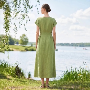 100% Cotton Vintage Midi <b>Dress</b> for Women V-neck Short Sleeve High Waist <b>Loose</b> A-Line Breathable Summer with Pockets - Product Image 2