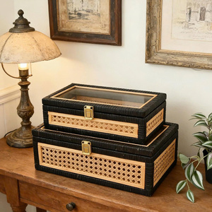 Classic Design Woven Rattan Jewelry <b>Box</b> with Glass <b>Lid</b> Eco-Friendly Rectangle <b>Storage</b> for Home Decor - Product Image 5
