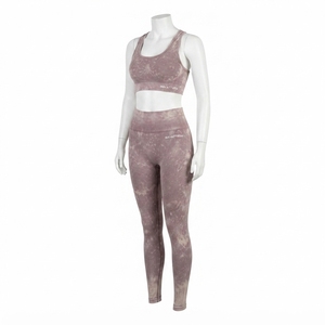 Women Mauve Acid Wash Yoga Set <b>Racerback</b> Crop Sports <b>Bra</b> High Waist Full Length Leggings Gym Fitness Activewear - Product Image 1