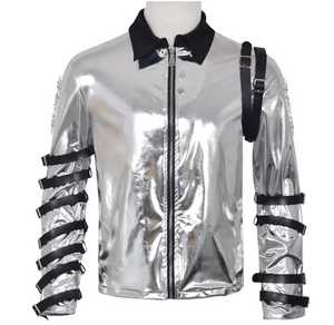 Men's Silver Leather Slim <b>Jacket</b> <b>Punk</b> Style Stand Collar Waterproof Zipper Closure Regular Sleeve Autumn Wear - Product Image 1