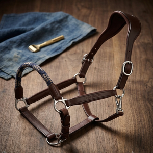 Cabestro de cuero genuino premium para caballo, ajustable, acolchado, con herrajes de latón, en negro y marrón. - Product Image 6