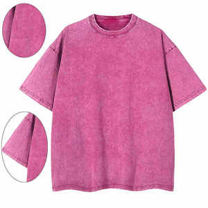 เสื้อยืดแขนสั้นผ้าฝ้ายฟอกทรงโอเวอร์ไซส์สำหรับผู้ชาย สีพื้น ลำลอง คอถัก ไม่มีปก เสื้อฤดูร้อน สีชมพู - Product Image 5