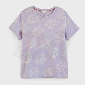 Camiseta de Manga Corta con Cuello Redondo y Estampado Floral Lavanda para Mujer, Corte Regular, Algodón Tejido, Casual, Venta al Por Mayor, Logotipo de Marca Personalizado - Product Image 5