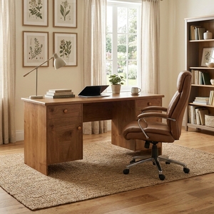 Escritorio Ejecutivo de Madera Sólida de Pino Nudoso Artesanal con Doble Pedestal, Mesa de Computadora para Oficina en Casa, Estación de Trabajo con Cajones, Acabado Natural - Product Image 5