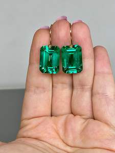 Boucles d'oreilles pendantes en or massif 14 carats avec émeraude, bijoux fins de luxe avec pierre précieuse verte naturelle - Product Image 3