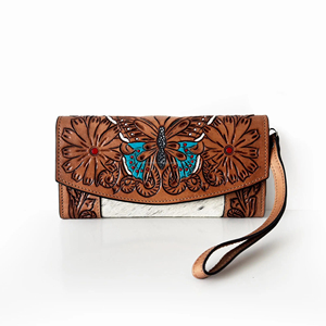 Portefeuille-pochette pour femme en cuir véritable 100% fait main, personnalisé, avec gravure géométrique, porte-cartes, outillage à la main, portable - Product Image 1