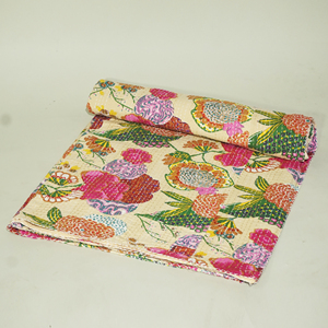 Floral Kantha Quilt Cotton Foldable <b>Bedspread</b> Ethnic Boho Sleeping Blanket with Carry Strap - Product Image 4