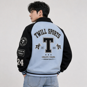 Light Blue Black Sleeve Varsity <b>Jacket</b> Men Preppy Style Embroidered Letter T <b>Star</b> Patch Zipper Front College <b>Jacket</b> - Product Image 4