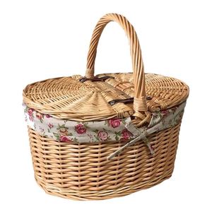 Cesta de Picnic Ovalada Vintage de Mimbre con Doble Tapa, Cesta de Almacenamiento Artesanal de Mimbre con Forro Extraíble con Diseño Floral de Rosas, para Campamento al Aire Libre - Product Image 1