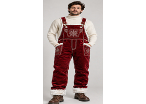 <b>Christmas</b> Velvet Overalls for Adults Burgundy Snowflake Embroidered Bib <b>Pants</b> with Faux Fur Trim Winter Holiday Outfit - Product Image 4