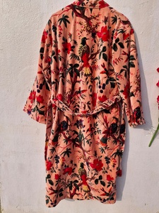 Peach Bird Print Velvet Kimono <b>Robes</b> Handmade Cotton Velvet <b>Robe</b> Morning Tea <b>Coat</b> - Product Image 5